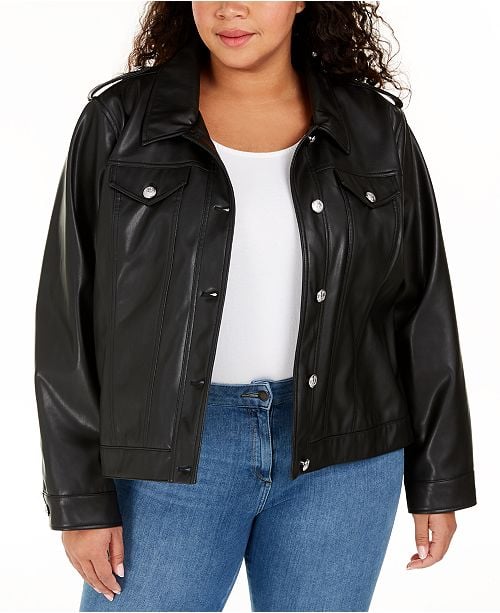 Calvin Klein Button-Front Faux-Leather Jacket | Leather Jacket Season Is  Coming, and These 9 Picks Are Perfect For Women With Curves | POPSUGAR  Fashion Photo 3