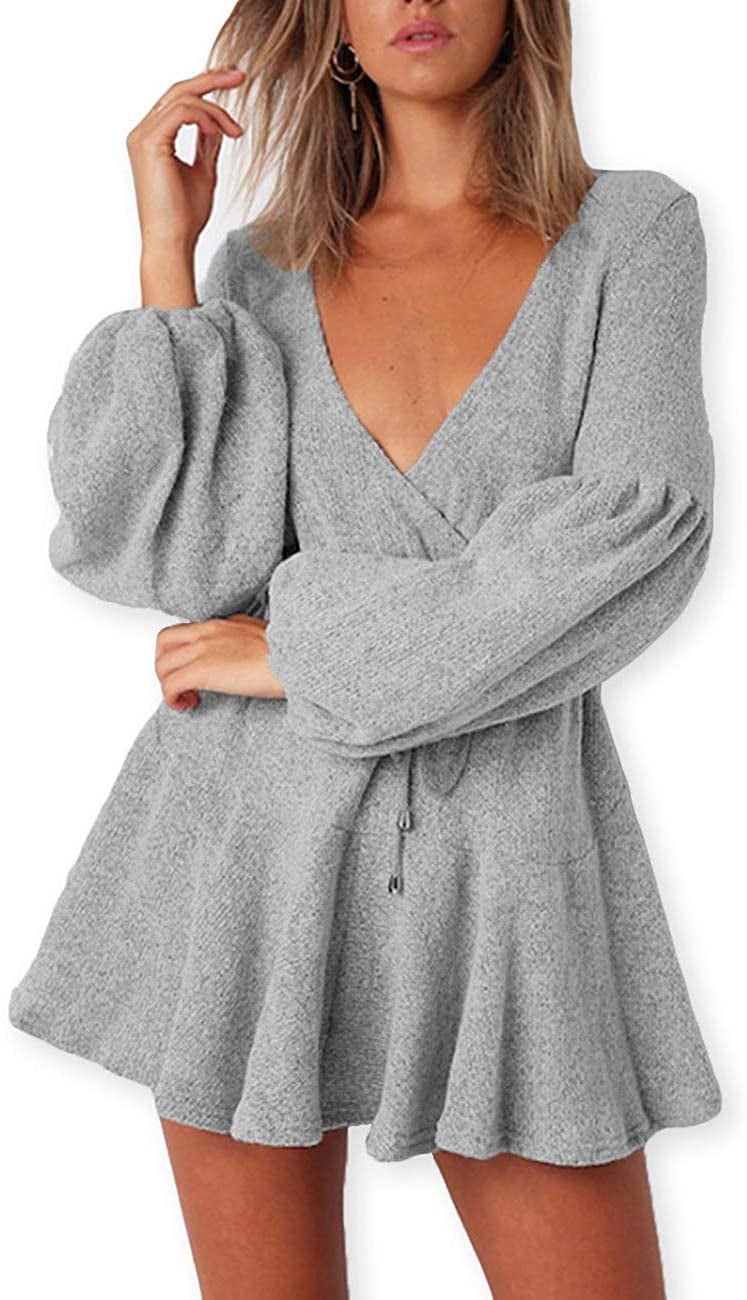 Aooksmery Deep V-Neck Knitted Sweater Dress