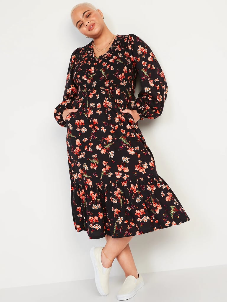 A Splash of Floral: Old Navy Long-Sleeve Fit & Flare Smocked Midi Dress