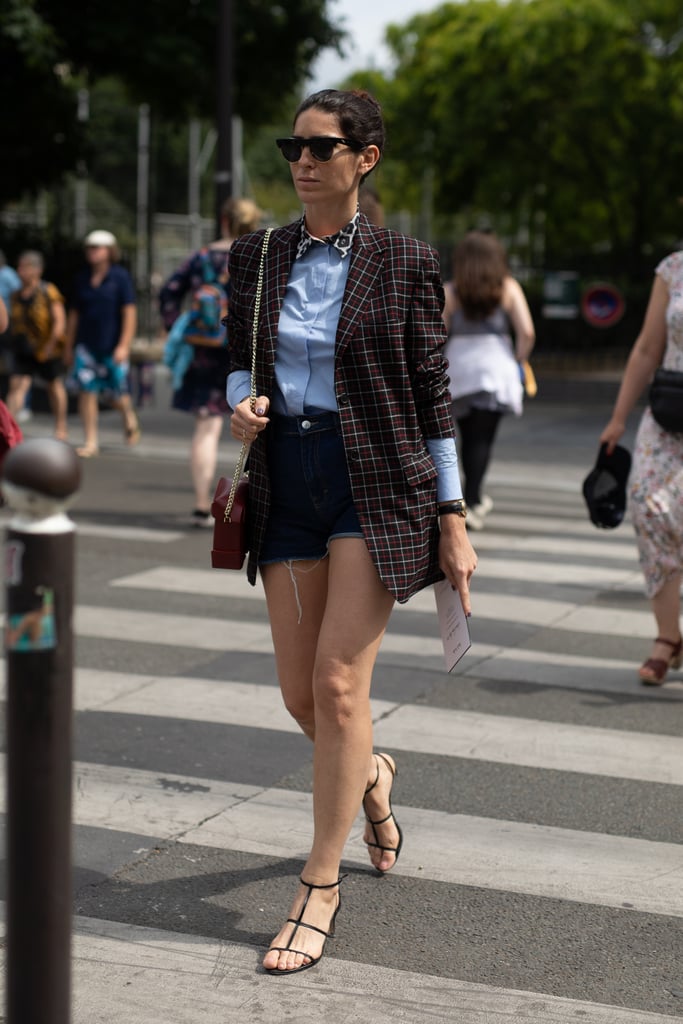 Style Denim Shorts With a Checkered Blazer and Black Heels | How to ...