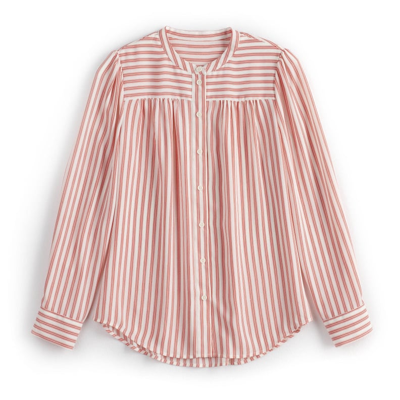 Silky Shirred Button Up in Pristine/True Red Stripe