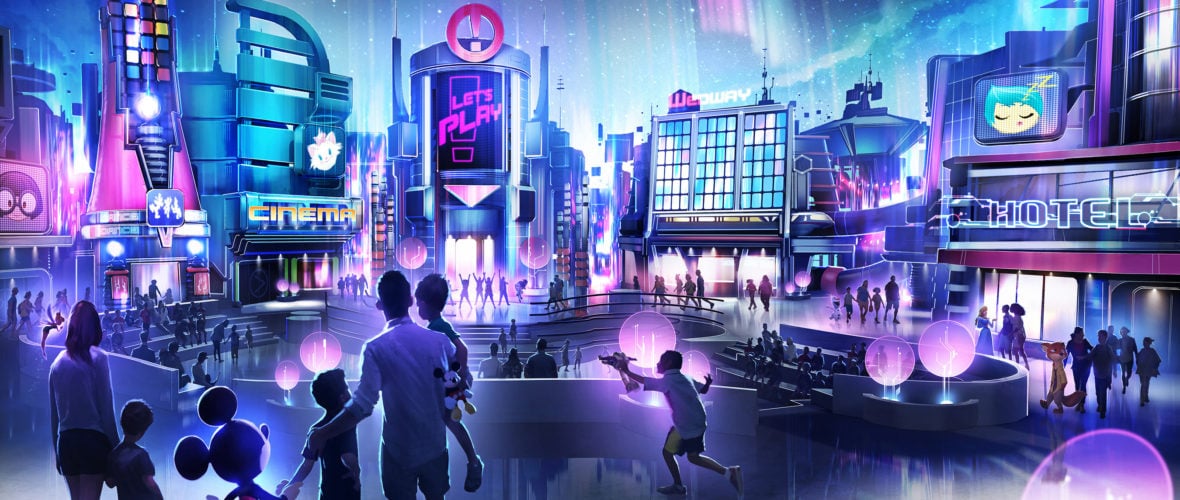 In this artist rendering, a new play pavilion in development at Epcot will include first-of-their-kind experiences devoted to playful fun, inviting guests into an innovative city bursting with interactive experiences and hands-on activities. Friends and family will interact with favorite Disney characters in an energetic metropolis unlike anything ever seen before at Epcot. The as-yet-unnamed space will debut to guests in time for the Walt Disney World 50th anniversary. (Disney)