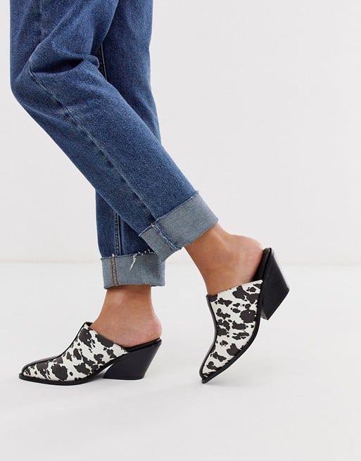 ASOS DESIGN Scarlett western black heeled mules in cow print