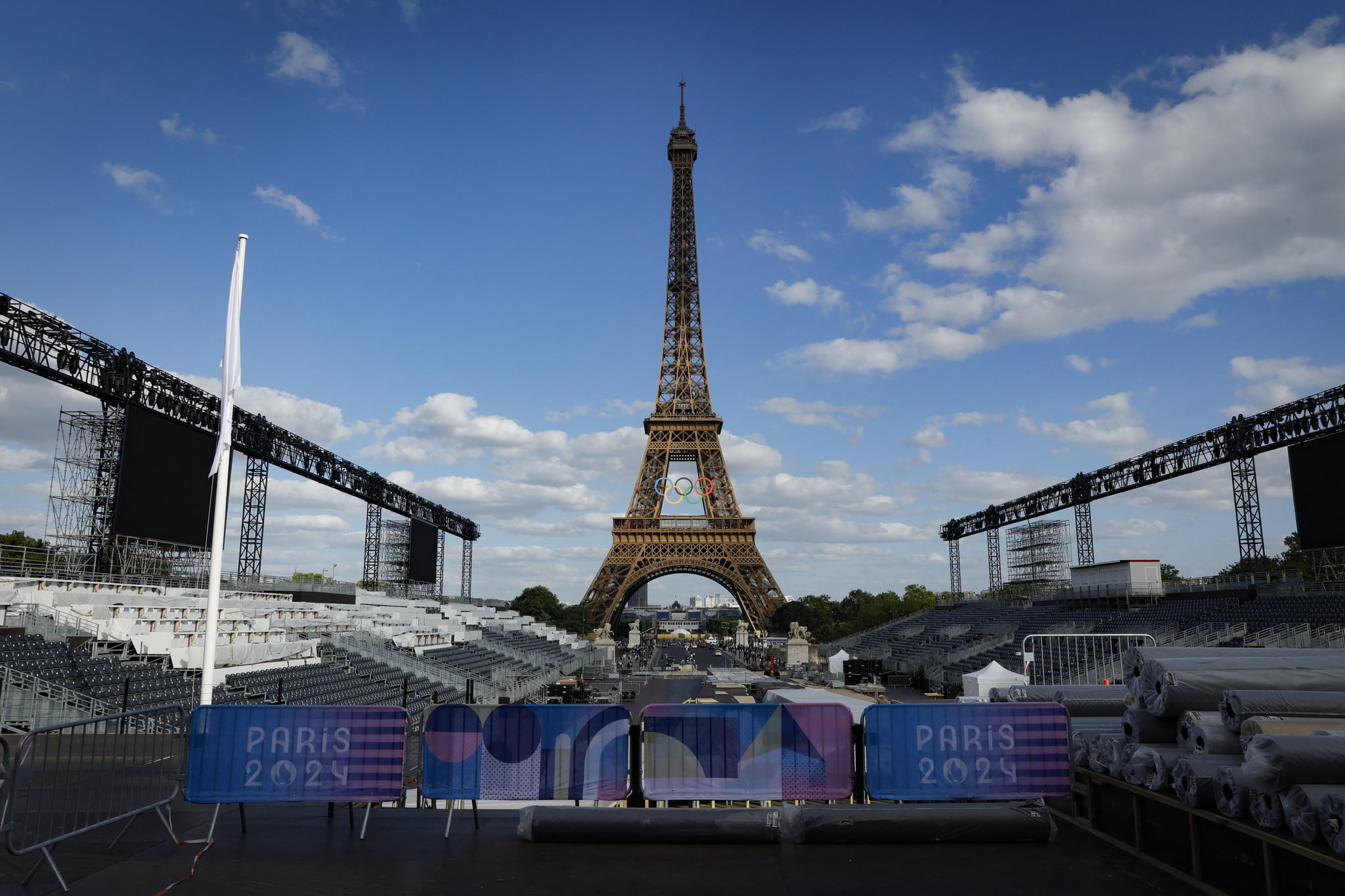 This photograph shows the construction site of Parc des Champions (Champion's Park) at the foot of the Eiffel Tower at the Trocadero for the upcoming Paris 2024 Olympic Games, in Paris on July 4, 2024. The Parc des Champions is a celebration site, which will be accessible for the public to see the Olympic medallists a day after their exploits. (Photo by Geoffroy VAN DER HASSELT / AFP) (Photo by GEOFFROY VAN DER HASSELT/AFP via Getty Images)