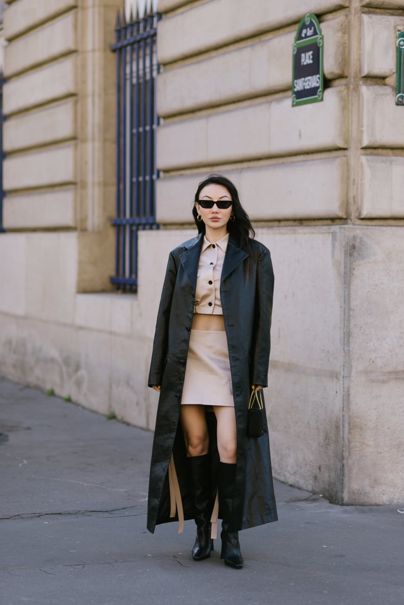 Low-Rise Skirt Outfit Idea: Coat Play