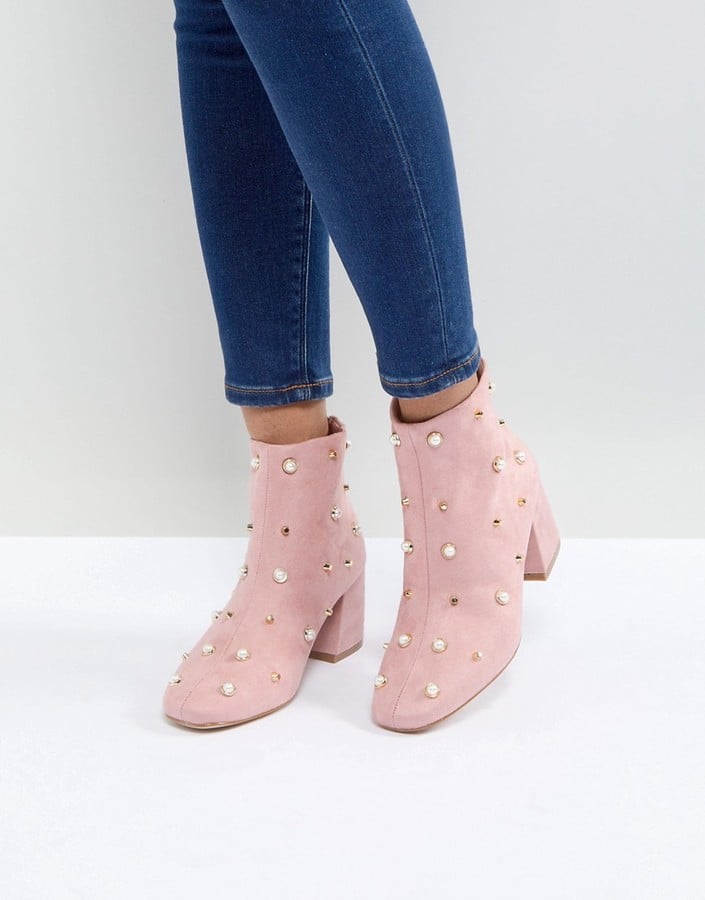 Glamorous Pearl-Embellished Heeled Ankle Boots