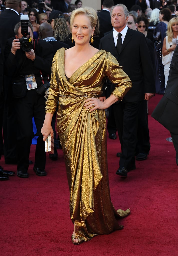 Meryl wore a custom draped gold lamé draped Lanvin gown to the 2012 Oscars.