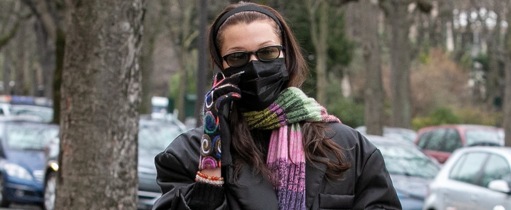 Bella Hadid Wearing Colorful Gloves With Black Prada Coat