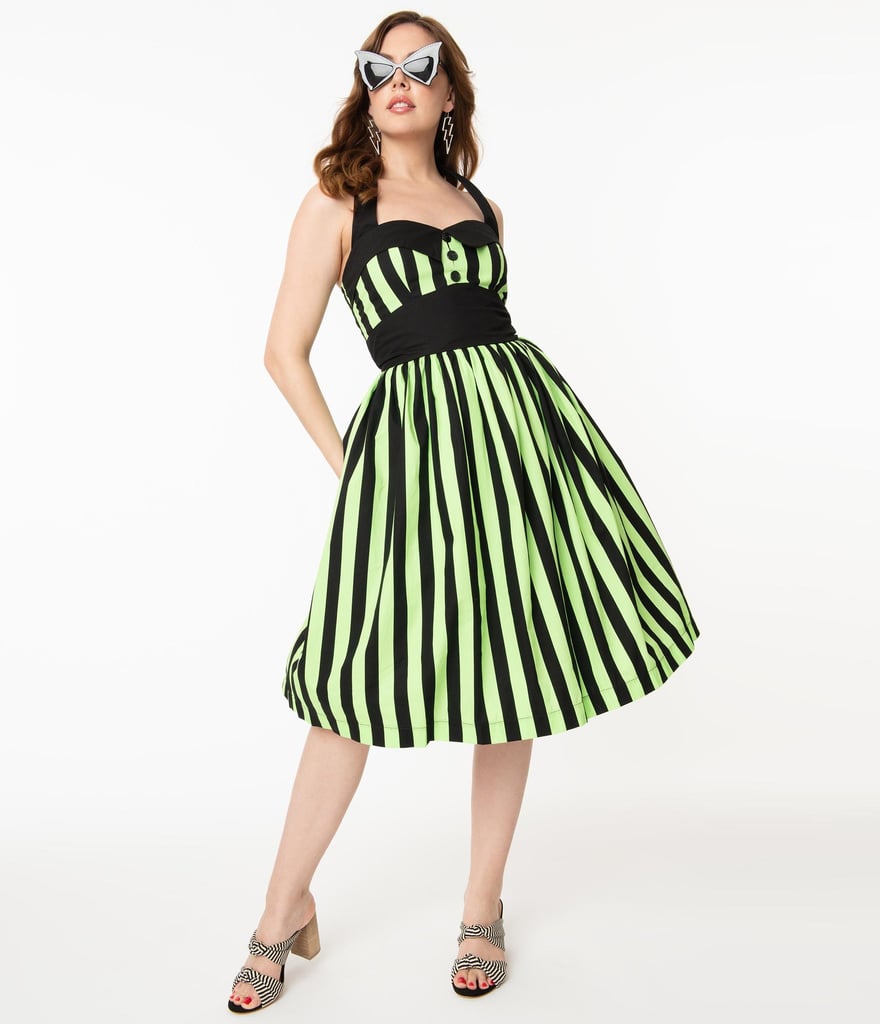 1950s Style Neon Green and Black Stripe Ashley Swing Dress