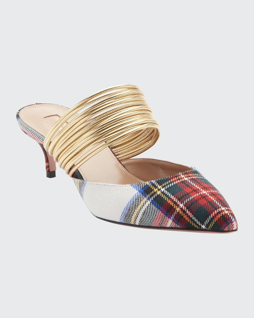 Aquazzura Rendez Vous Strappy Tartan Kitten-Heel Mules