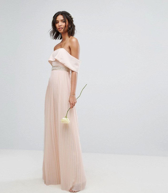 TFNC WEDDING Bardot Maxi Dress With Pleated Skirt and Embellished Waist