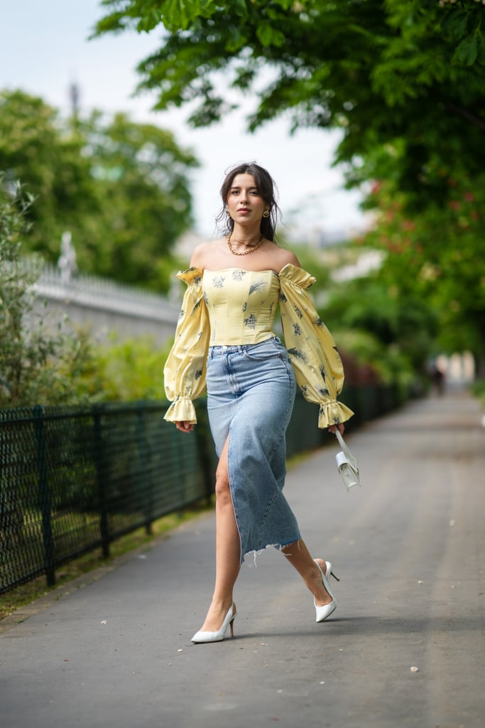 Puff-Sleeve Corset, Denim Skirt