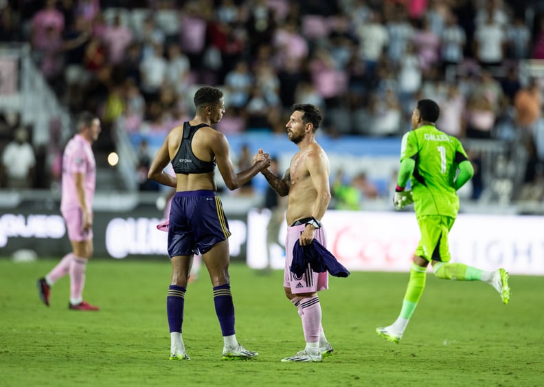 FORT LAUDERDALE, FLORIDA - AUGUST 02:  Lionel Messi of Inter Miami CF  swaps shirts with Rafael Santos (Orlando City SC) after the finish of the Leagues Cup 2023 match against Orlando City SC (1) and Inter Miami CF (3) at the DRV PNK Stadium on August 2nd