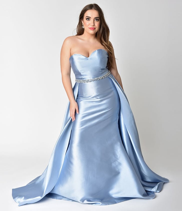 Curve Perry Blue Strapless Sweetheart Neckline Satin Prom Gown | Unique ...