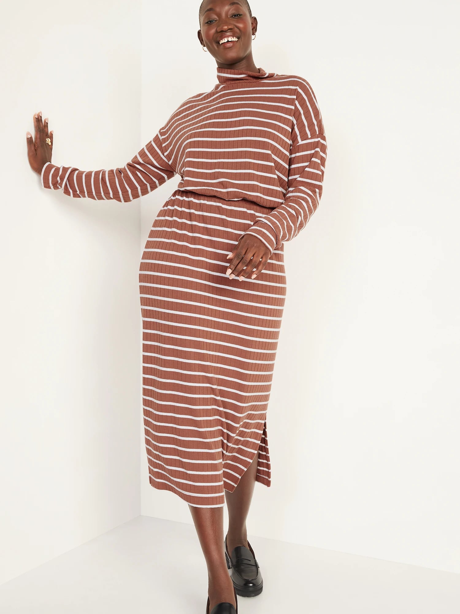 Rib-Knit Striped Midi Sweater Dress ...