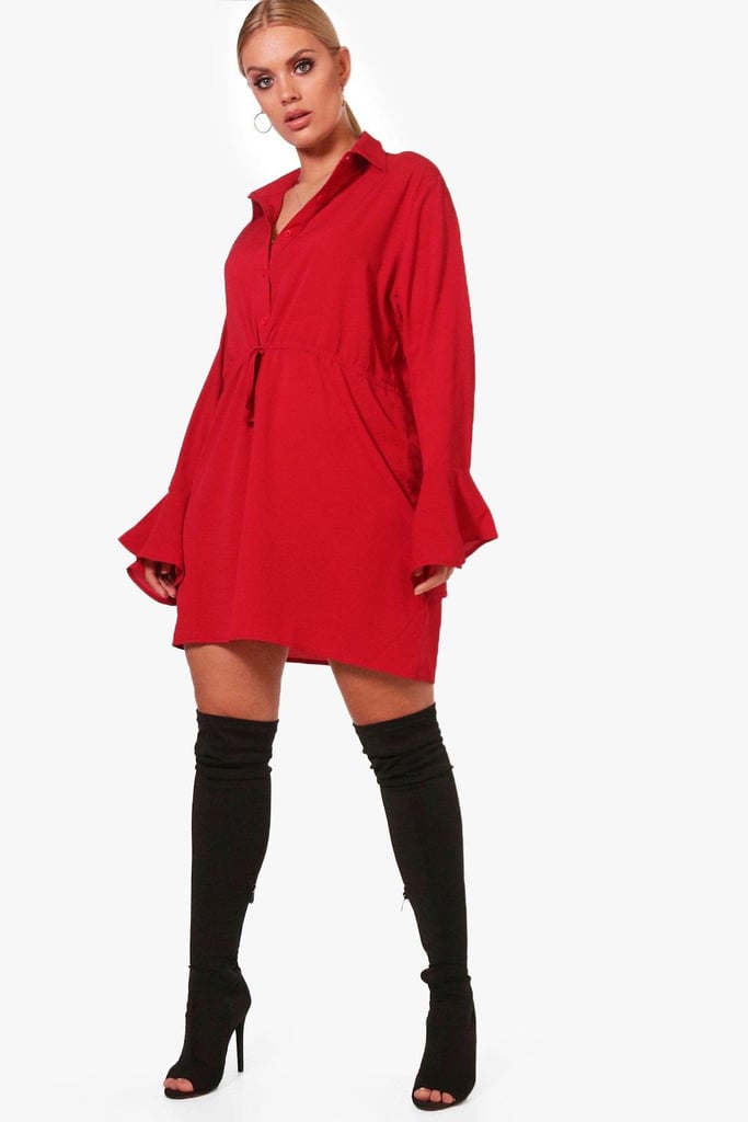 Boohoo Drawcord Waist Fluted Sleeve Shirt Dress