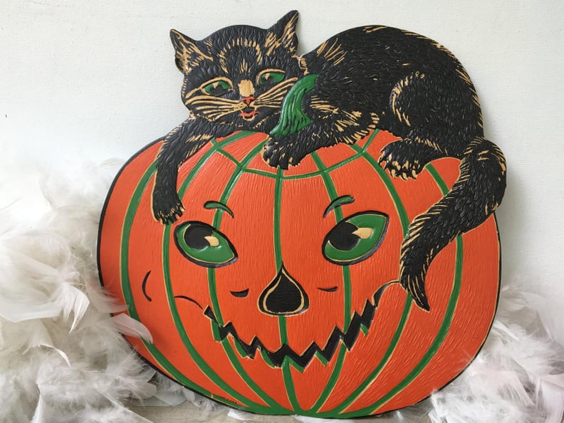 Vintage Embossed Pumpkin Die Cut With Black Cat