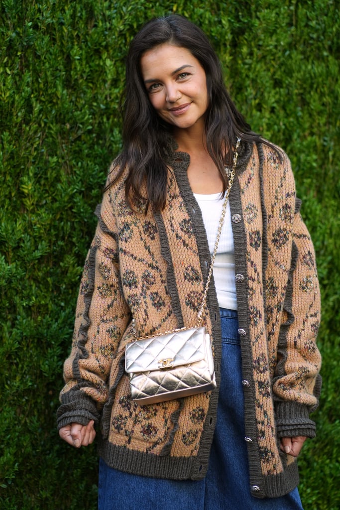 Katie Holmes Wears a Chanel Cardigan and Wide Leg Jeans