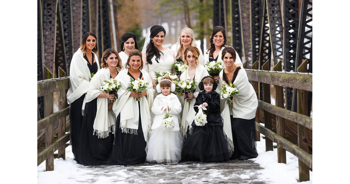 These bridesmaids' black dresses were topped with white shawls at | Over  100 Bridesmaids From Real Weddings That Will Give You ALL the Inspiration |  POPSUGAR Love u0026 Sex Photo 91
