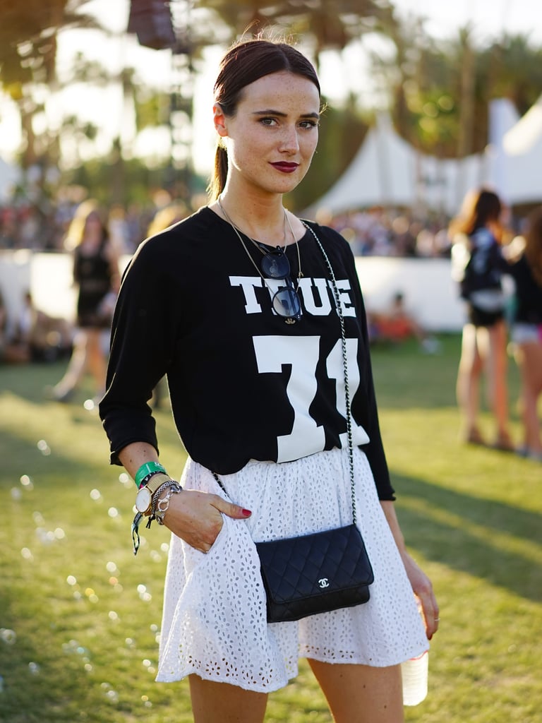 A sporty top met a feminine eyelet skirt and was topped off with a Chanel crossbody bag.