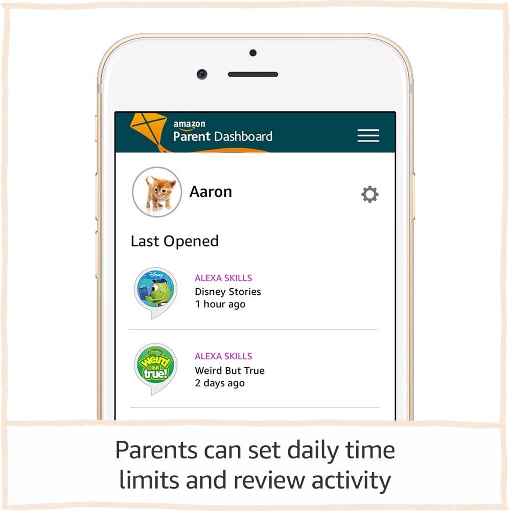 With a Parent Dashboard, adults can set bedtime time limits to protect against kids talking with Alexa late into the night, or simply pause Echo devices for dinner or homework time. They can also use the app to choose which services and skills kids can use.