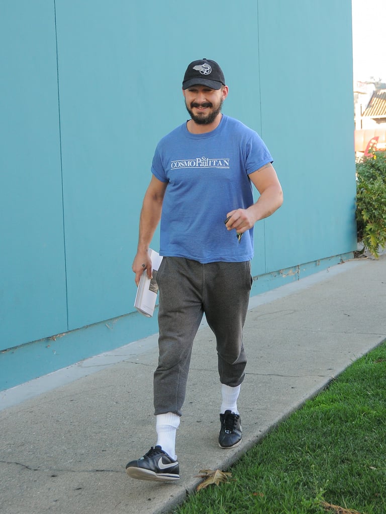 Shia makes tucking high socks over a pair of joggers look cool.
