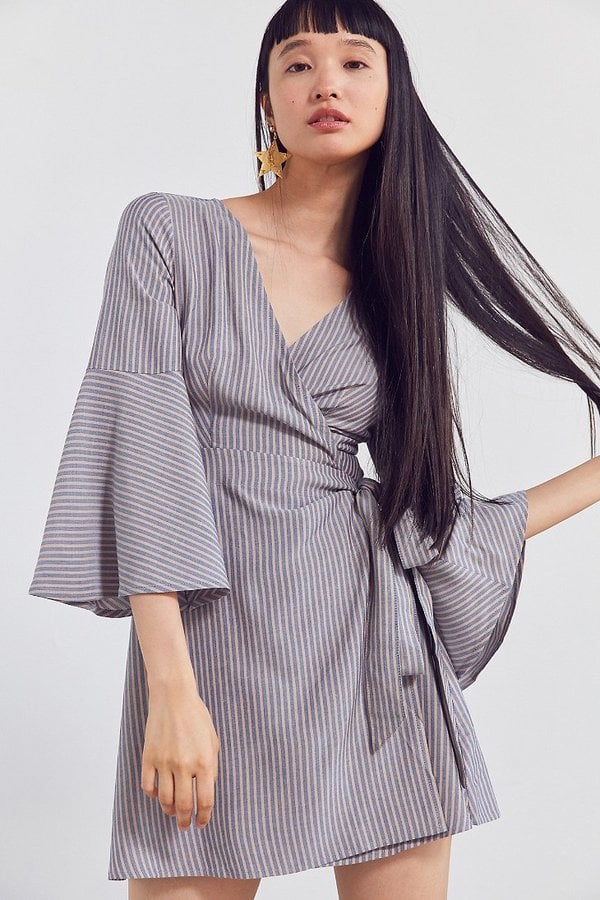 Ecote Striped Bell-Sleeve Wrap Dress