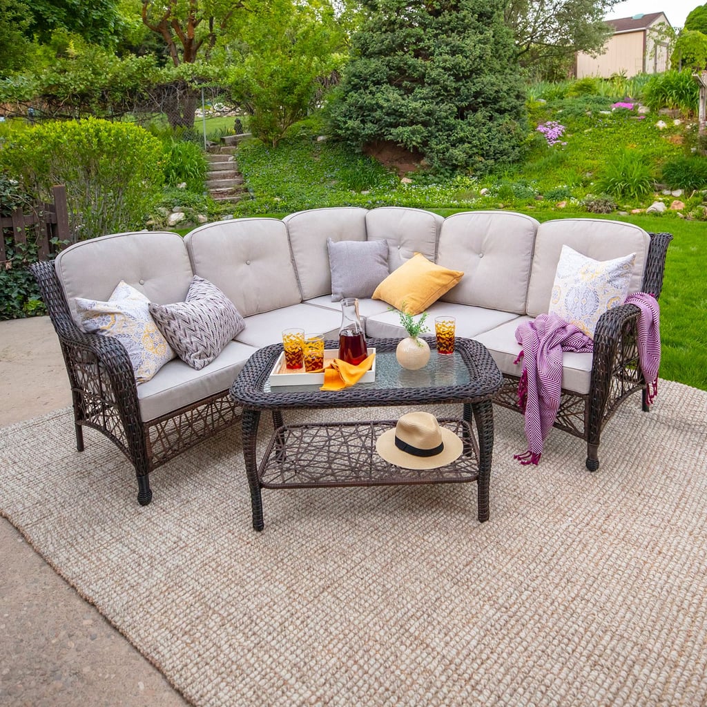 Outdoor Brown Rattan Sectional With Cushions & Table Set