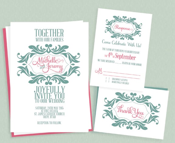 Mint and Pink Stylised Monogram Wedding Invitation