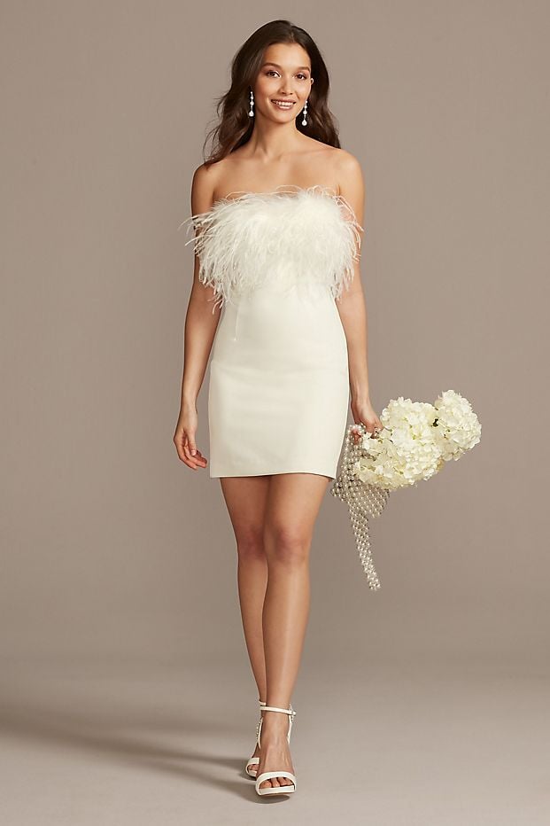 David's Bridal Strapless Crepe Feather Trim Mini Dress