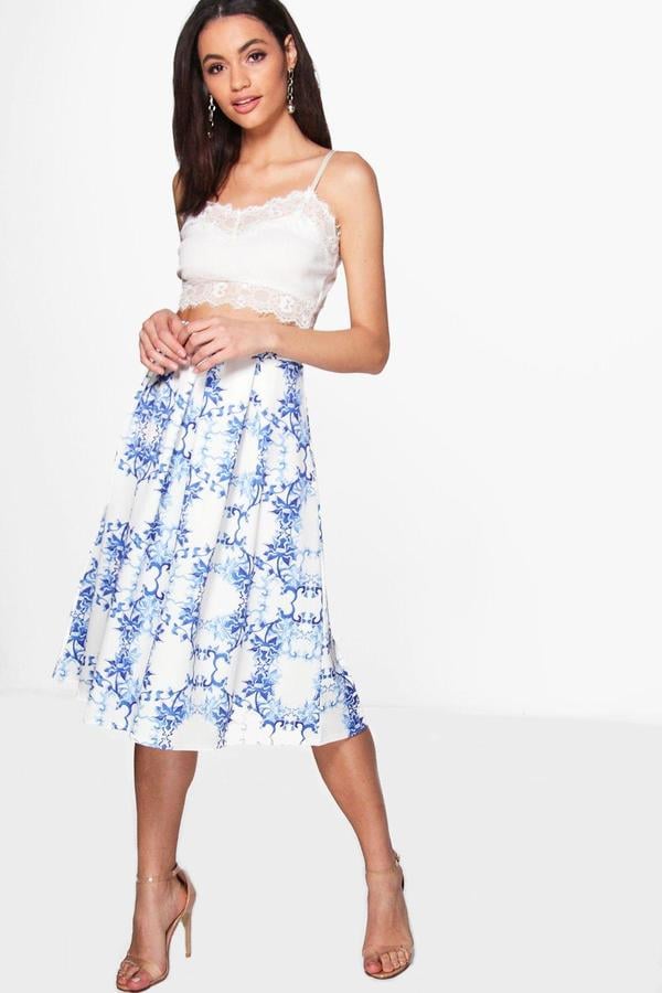 Boohoo Aurelia Floral Full Midi Skirt | Queen Rania's Blue Floral Skirt ...