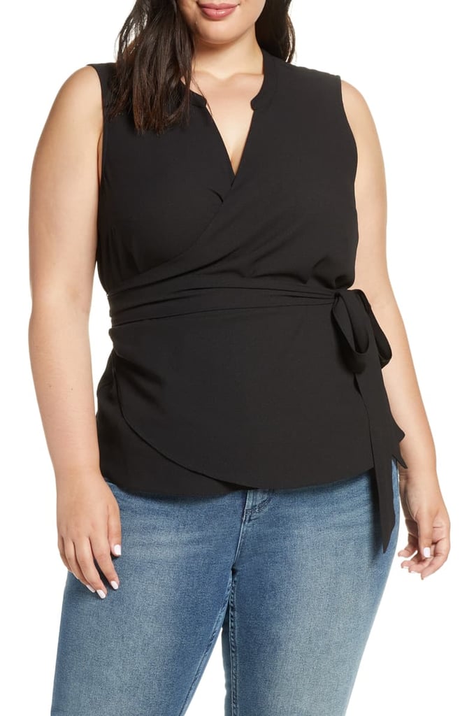 1.STATE Sleeveless Crepe Wrap Top