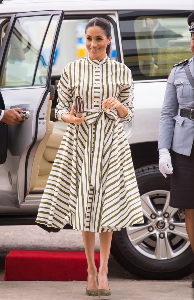 Meghan showed off this olive and white striped Martin Grant dress while touring Tonga — note: the coordinating pumps.