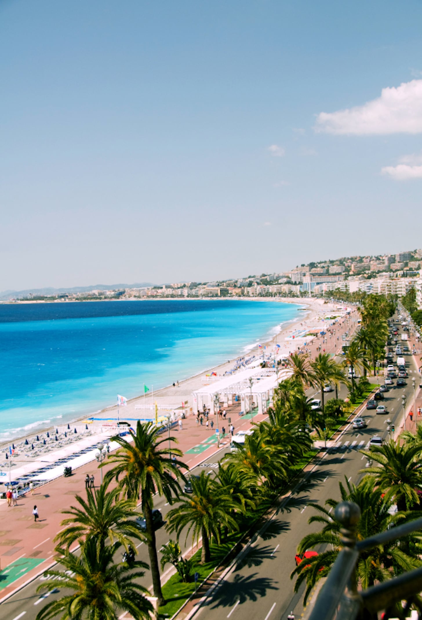 The French Riviera Cote d'azur Nice France beach on famous Promenade des Anglais hotel lined boulevard