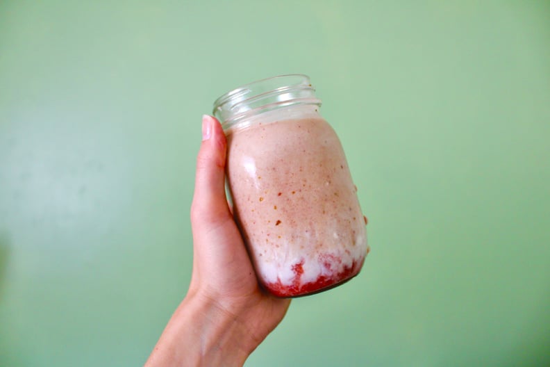 Hailey Bieber smoothie recipe: strawberry glaze smoothie in mason jar