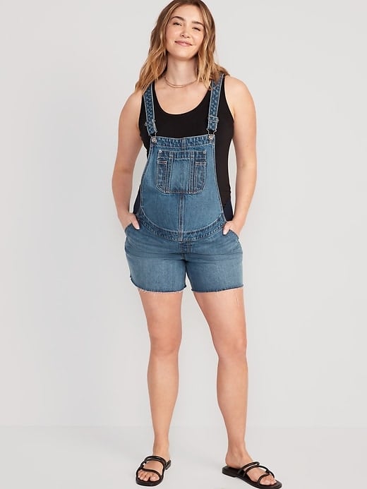 Maternity Side-Panel Slouchy Non-Stretch Jean Cut-Off Shortalls