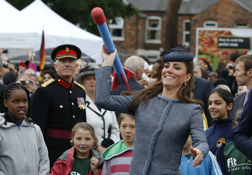 She tried her hand at throwing a foam javelin when she attended a children's sports event at Vernon Park in Nottingham, England, in June 2012.