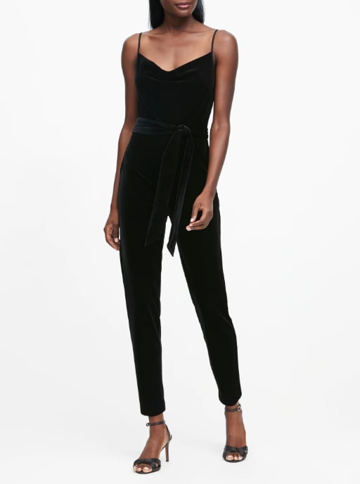 Petite Velvet Cowl-Neck Jumpsuit