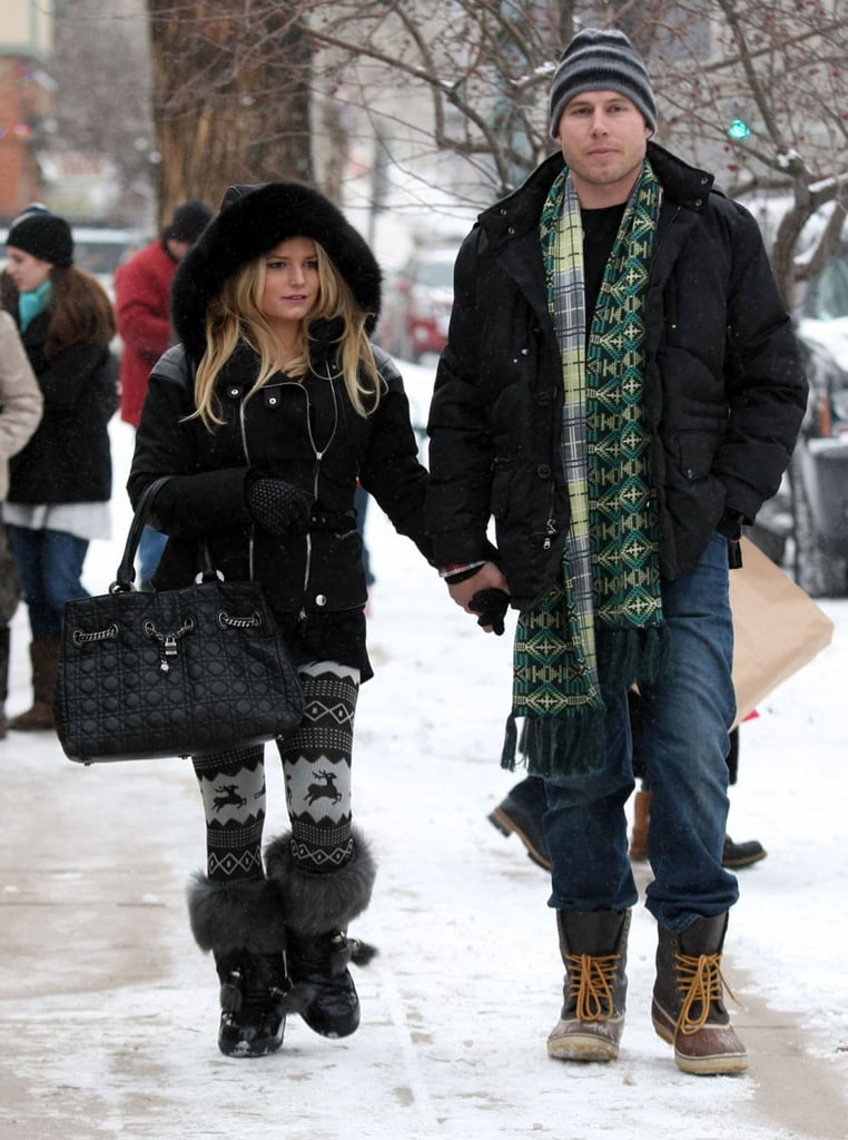 Jessica and Eric bundled up for a snowy stroll in Aspen in January 2010.