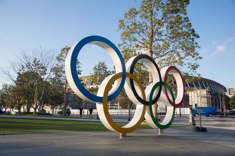 TOKYO, JAPAN - 2020/02/17: View of the Olympic Rings near the new National Stadium in Kasumigaoka, Shinjuku, Tokyo, Japan.The stadium will serve as the main stadium for the opening and closing ceremonies and for the track and field events at the Tokyo 202