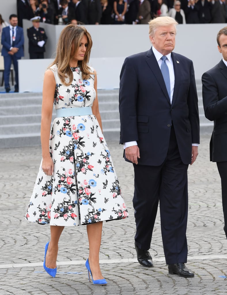 In July 2017, Melania wore this floral Valentino fit-and-flare dress to Bastille Day in Paris.