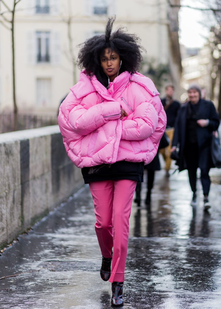 Go bold in colour and in silhouette with an oversized pink puffer this winter.