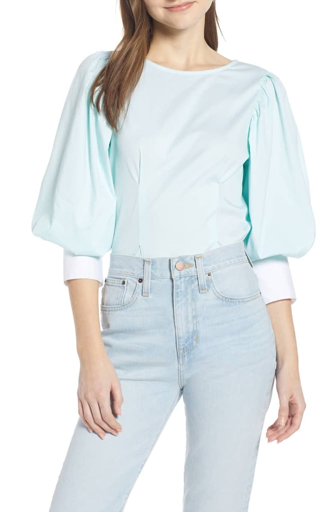 Something Navy Contrast Cuff Blouson Sleeve Shirt
