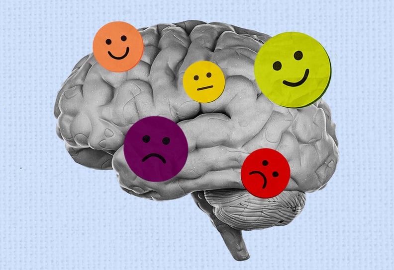 Brain with an array of colorful smiley faces floating around it.