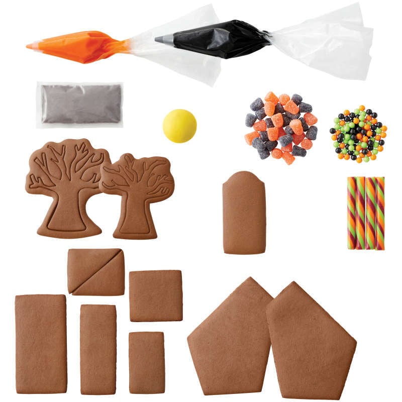 Wilton Build It Yourself Chocolate Cookie Halloween House Decorating Kit Pieces