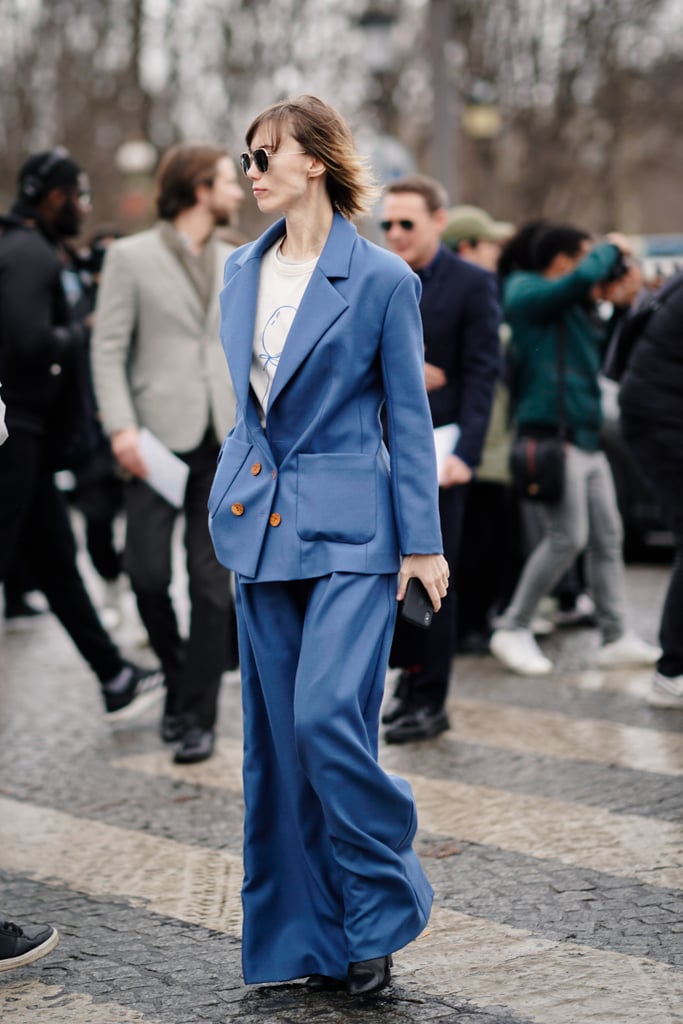 For a look that means business, style a blue oversize blazer with matching trousers.