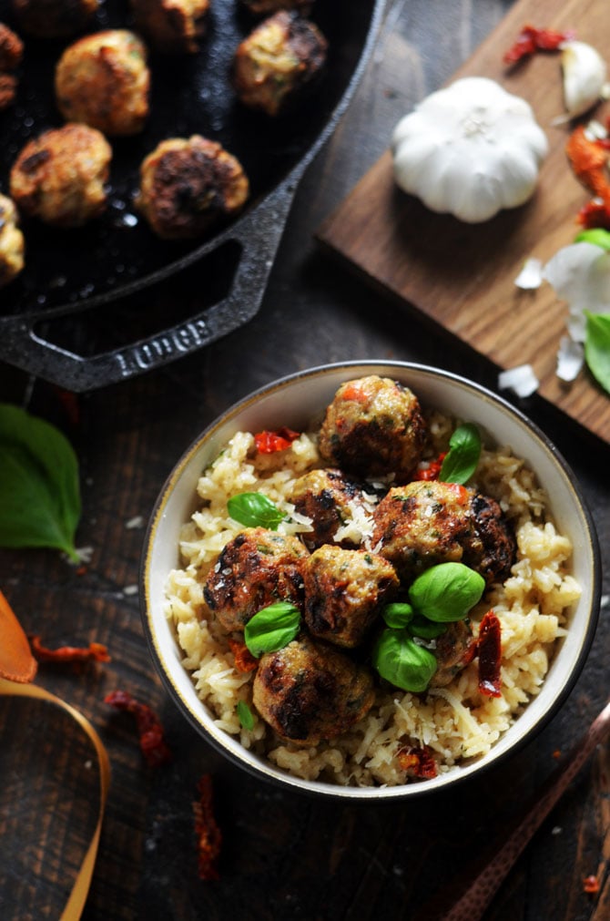 Sun-Dried Tomato Basil Chicken Meatballs With Creamy Parmesan Rice