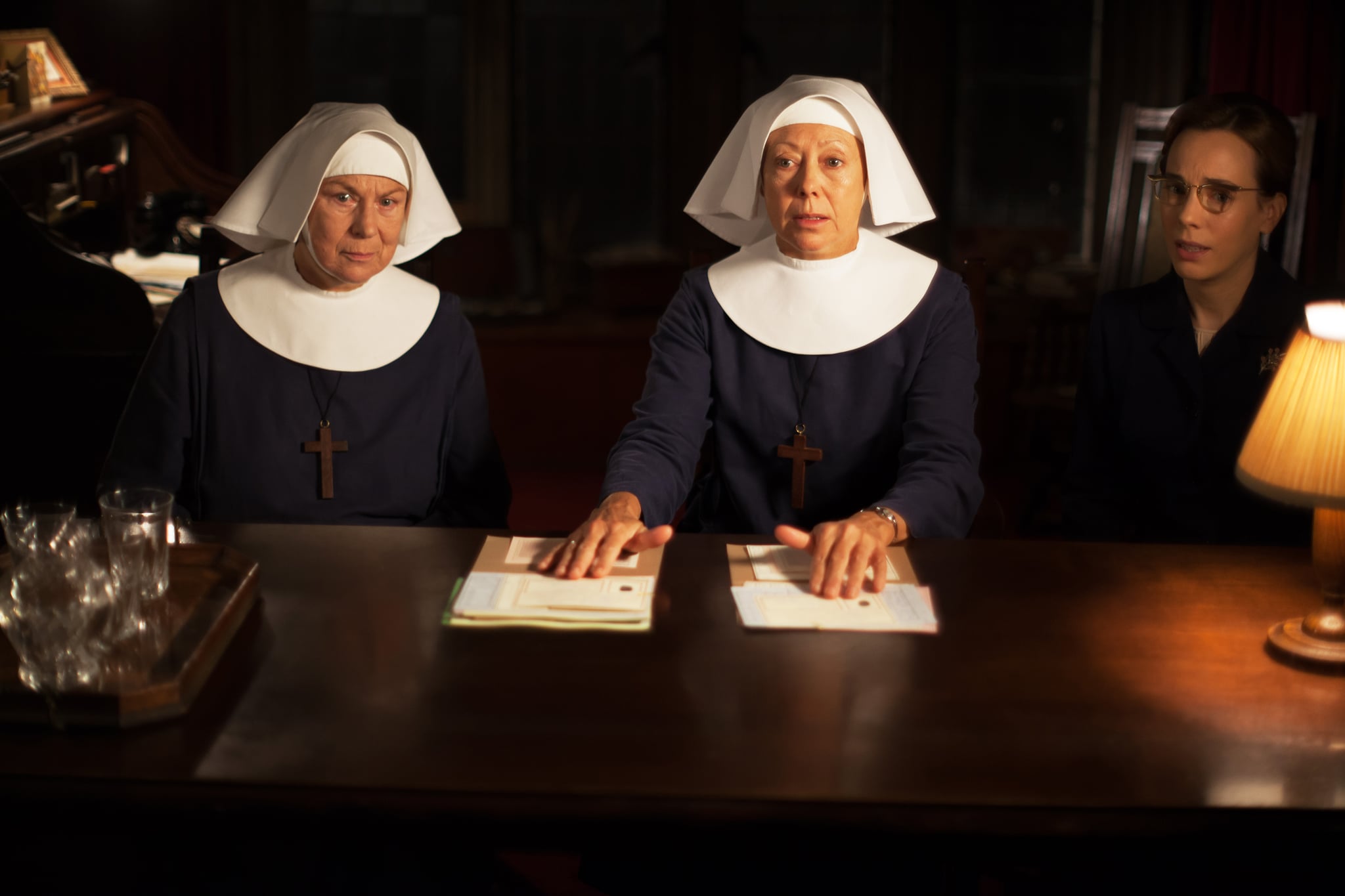 CALL THE MIDWIFE, l-r: Pam Ferris, Jenny Agutter, Laura Main, (Season 4, Episode 7, aired March 1, 2015). ph: Laurence Cendrowicz/PBS/courtesy Everett Collection