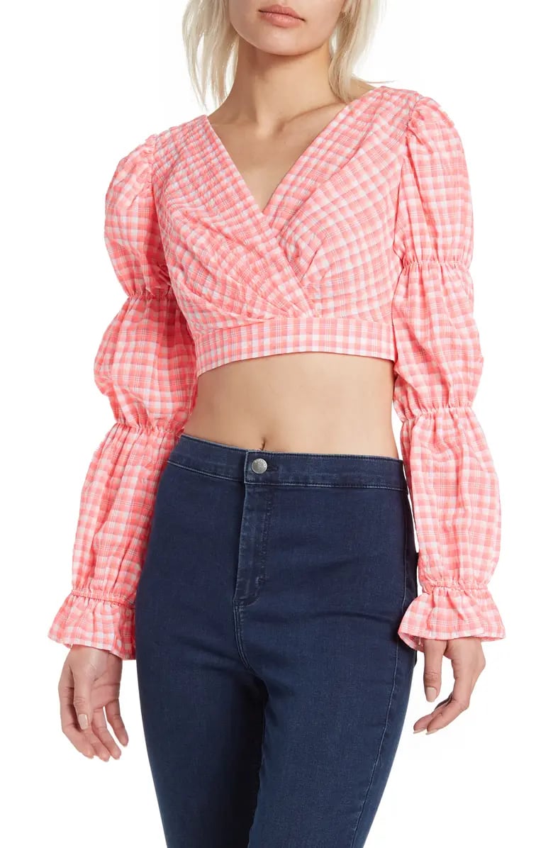 Topshop Gingham Long Sleeve Crop Top