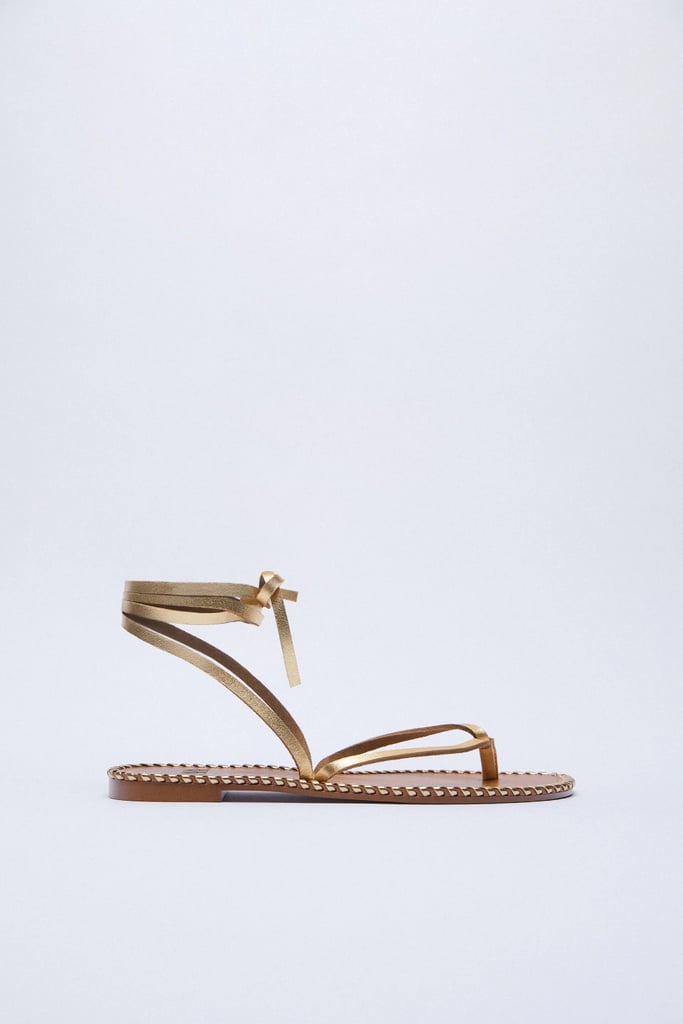 Zara Topstitched Low Heel Leather Sandals With Ankle Tie